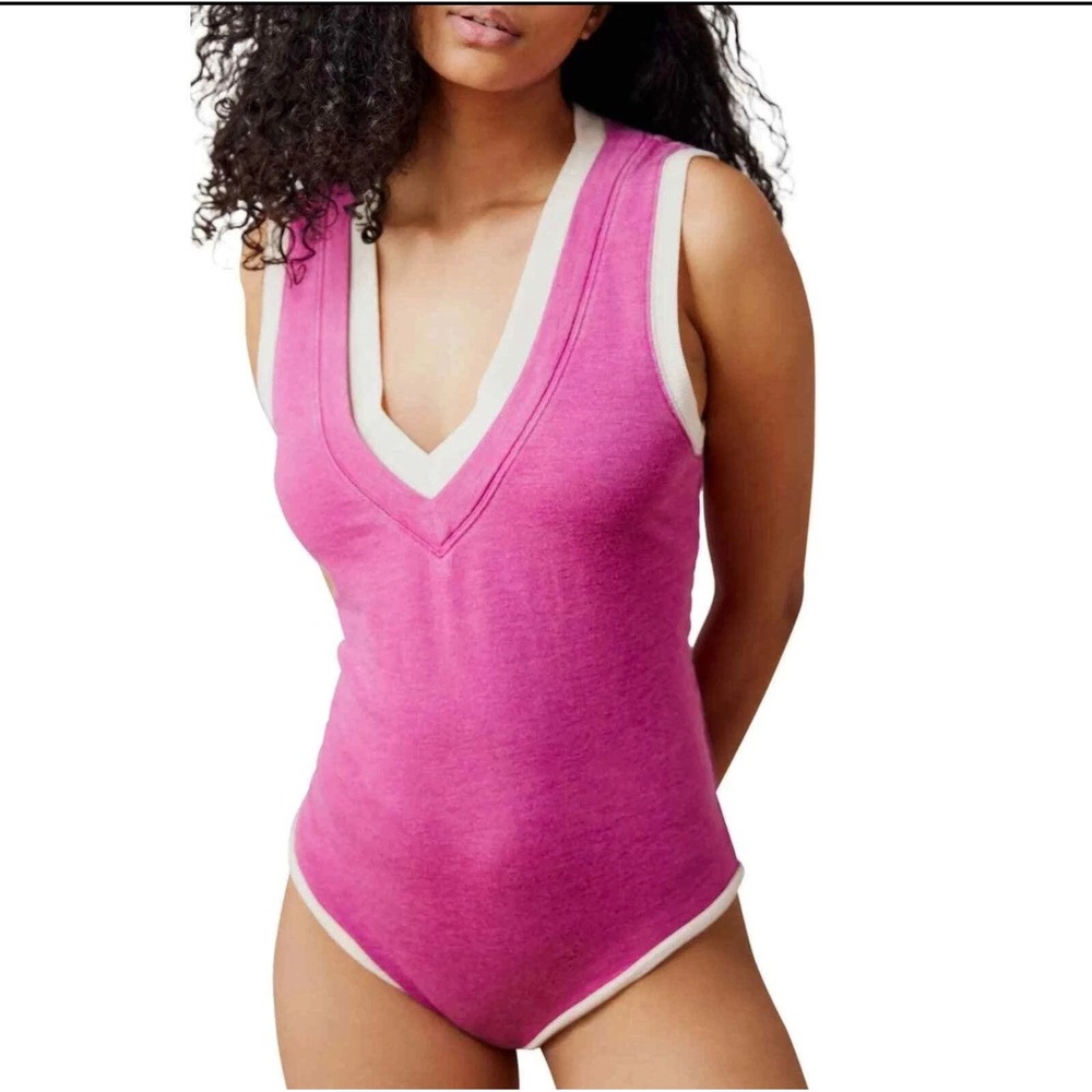 Free People Intimately Pink Varsity‎ V-Neck Bodysuit Sleeveless XS Small Preppy